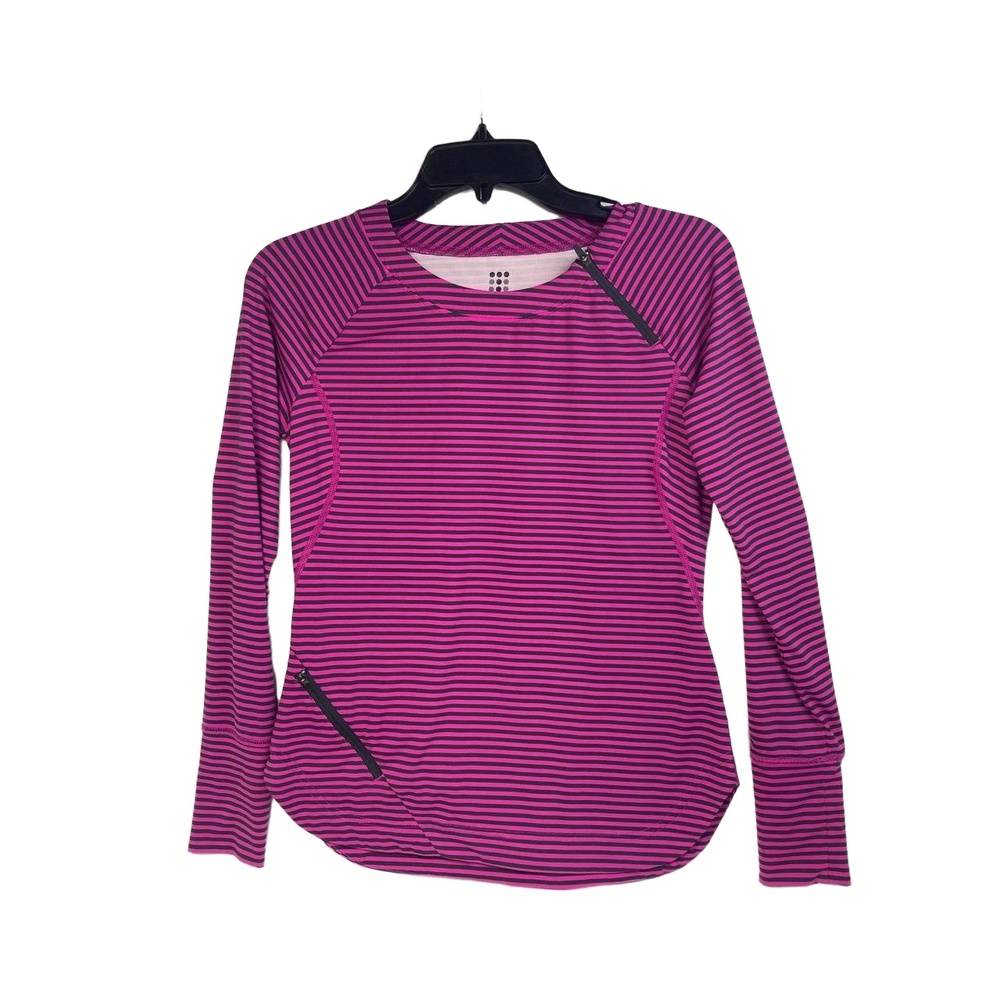 Title Nine Activewear Top Bright Pink with Black Stripes Asymmetrical Zippers XS